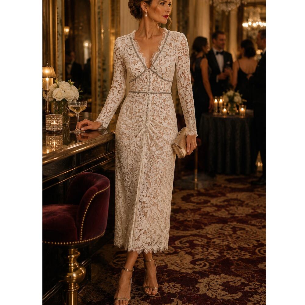 Self-Portrait Crystal Embellished Cord Lace Midi Dress Ivory Bridal US 8 - Picture 11 of 16